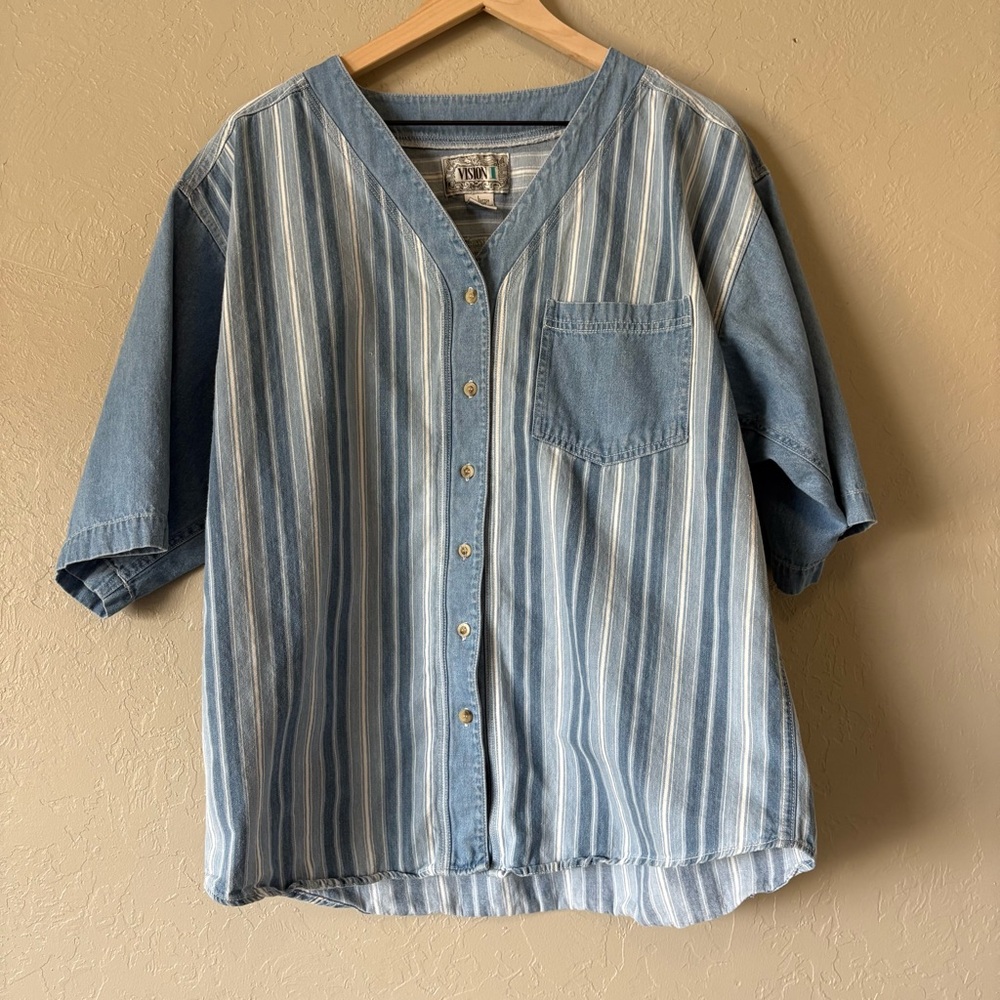 Vintage Vision II Blue Stripe Cotton Button Front Top Size L Made in Hong Kong
